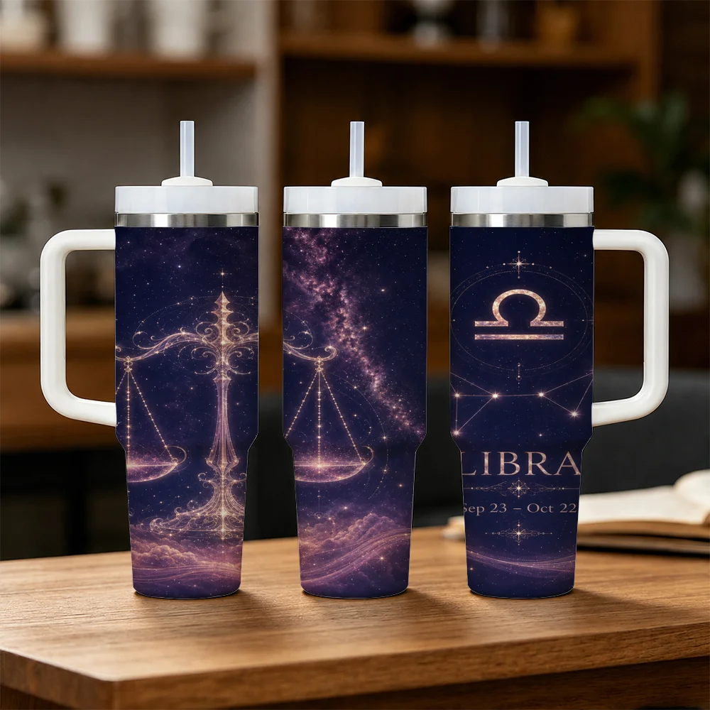 Simple Twelve Zodiac Signs Vacuum Flasks 40oz Stainless Steel Insulated Tumbler With Handle & Straw Leakproof Travel Mug