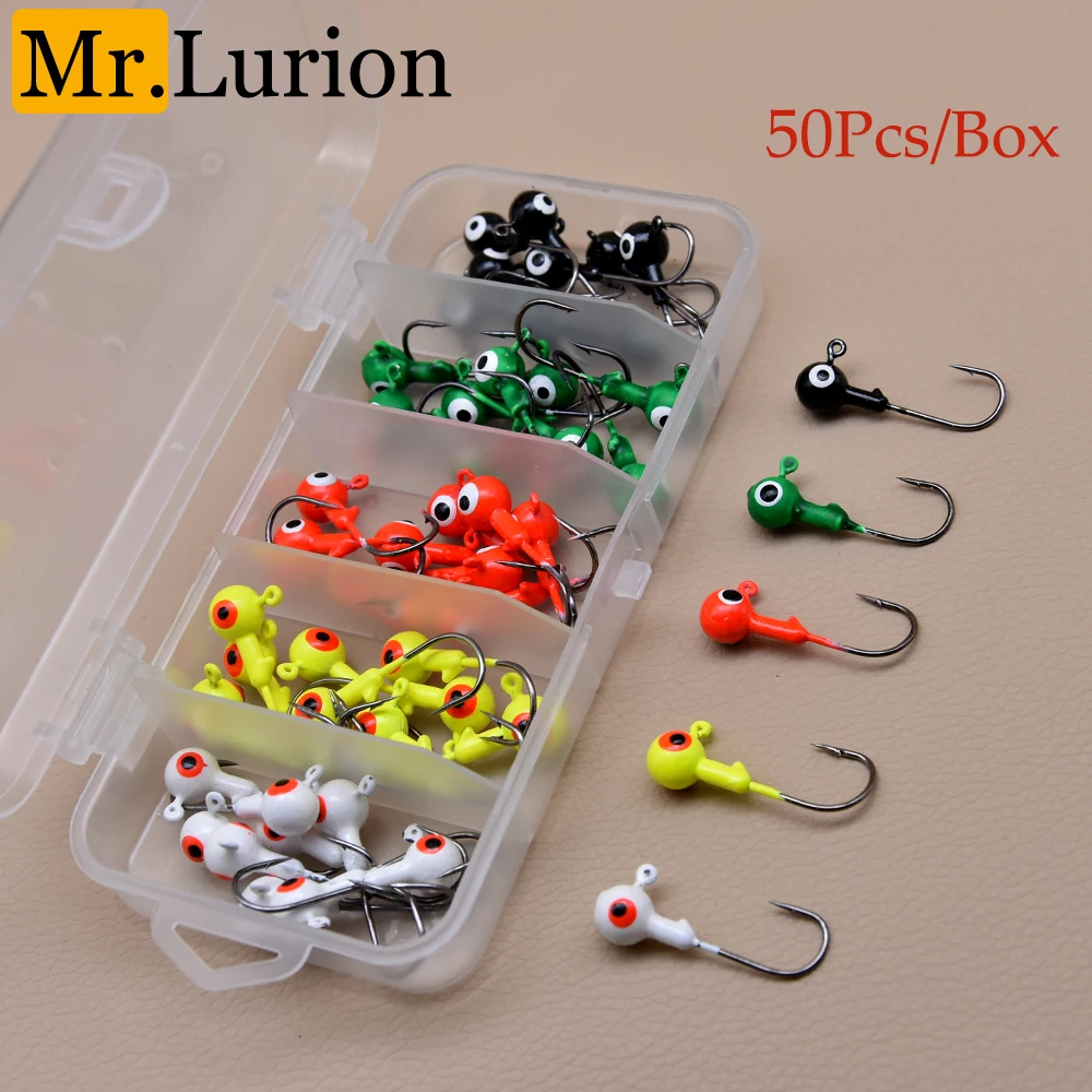 Mr.Lurion 50 Stück 1g/1,8g/3,5g/5g/7g Farbige Fisch-Jigkopfhaken, 3D-Augen Kohlenstoffstahl Scharfe Angelhaken für Weichköder-Set