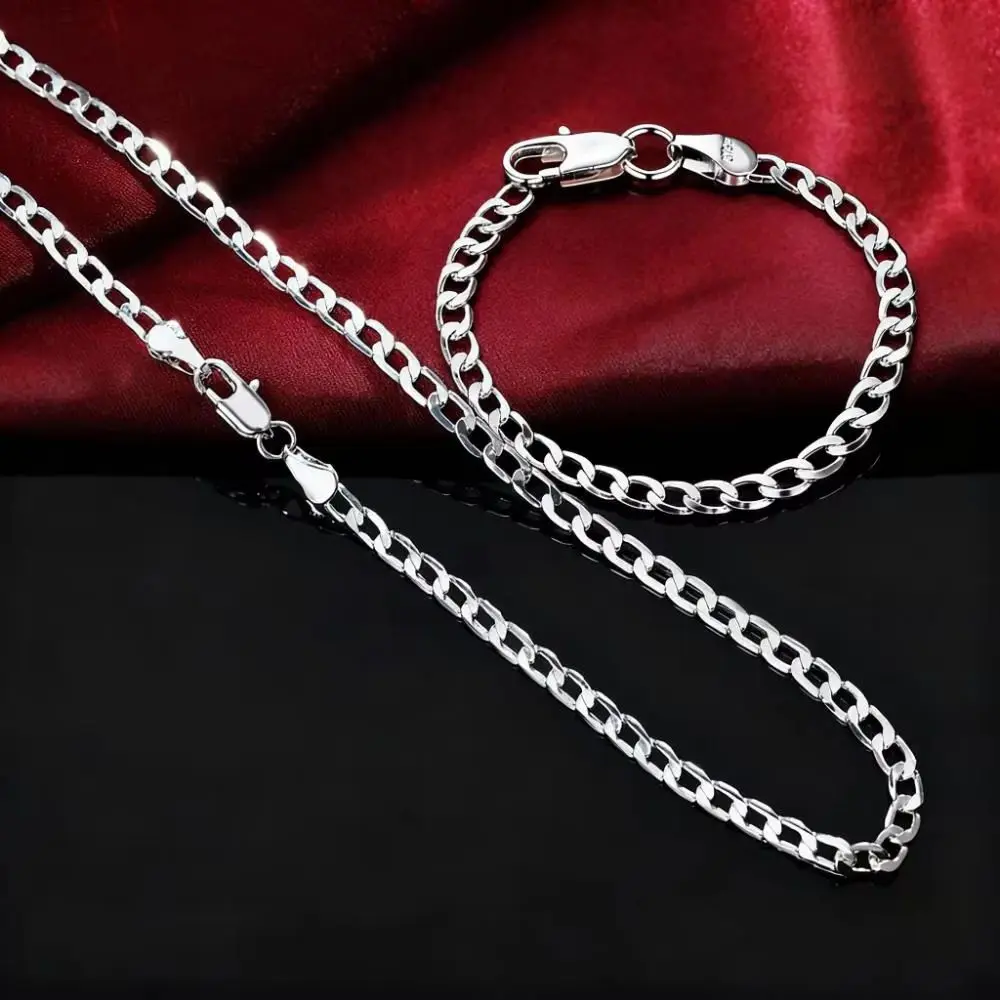 

Trendy 925 Sterling Silver 4mm Flat Sideways Chain Jewelry Set For Women - Bracelets And Necklaces For Fashion Party Wedding