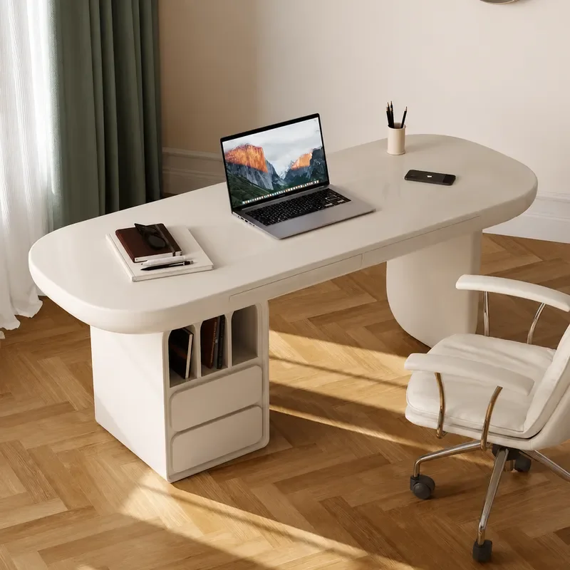 Modern Cream Style Study Desk Straight Row Storage Computer Desk Writing Table for Home Office