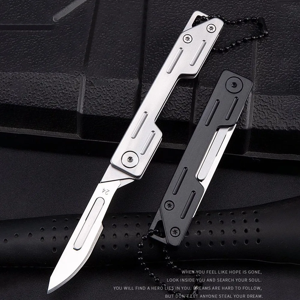 Slim Folding Scalpel Pocket Knife For Men Small Keychain Utility Knife With 10pcs #24 Replaceable Blade EDC Outdoor Razor Knives