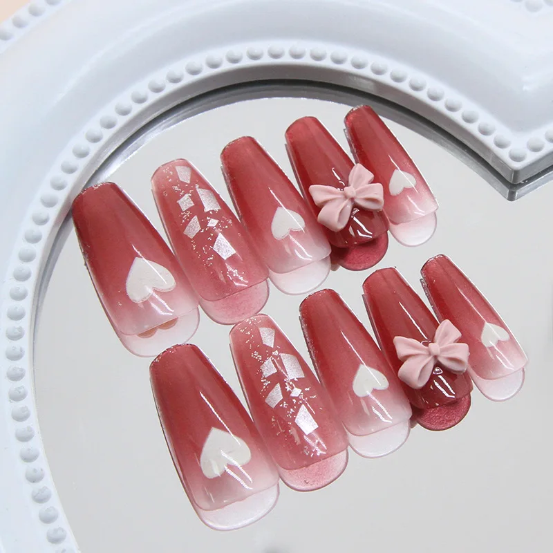 

24pcs French Love Bow Press on Nails Red Gradient Color Fake Nails Full Cover Wearable False Nails