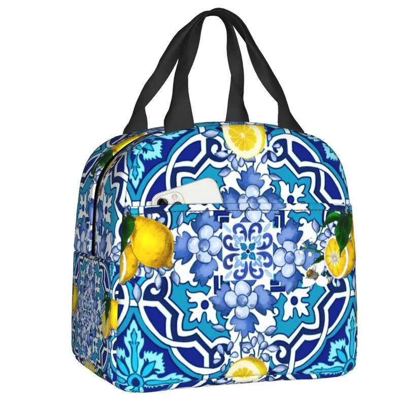 Custom Mediterranean Sicilian Tiles Lemons Citrus Insulated Lunch Tote Bag Resuable Thermal Cooler Lunch Bag Outdoor Camping