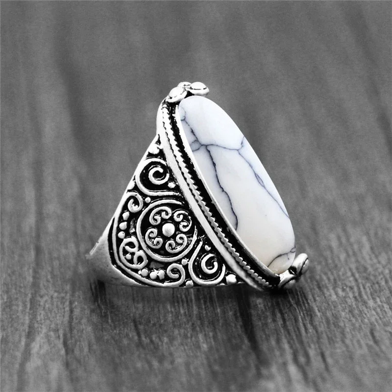 5 Colors Flower Band Oval Synthetic Turquoises Rings For Women Vintage Look Antique Silver Plated 5 Colors Fashion Jewelry TR362