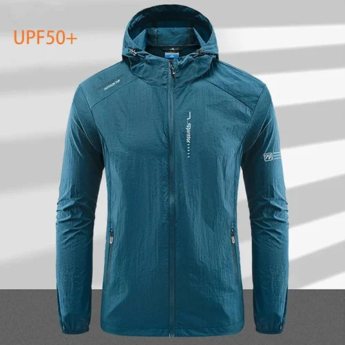 Cortavientos con protección UV UPF 50+ para hombre, chaqueta de secado rápido, protección solar para exteriores, fina, para senderismo, pesca, ciclismo, luz deportiva con capucha