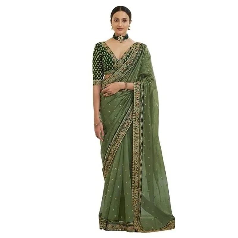 

New Green Sari Top with Unstitched Georgette Blouse Indian Sarees Women