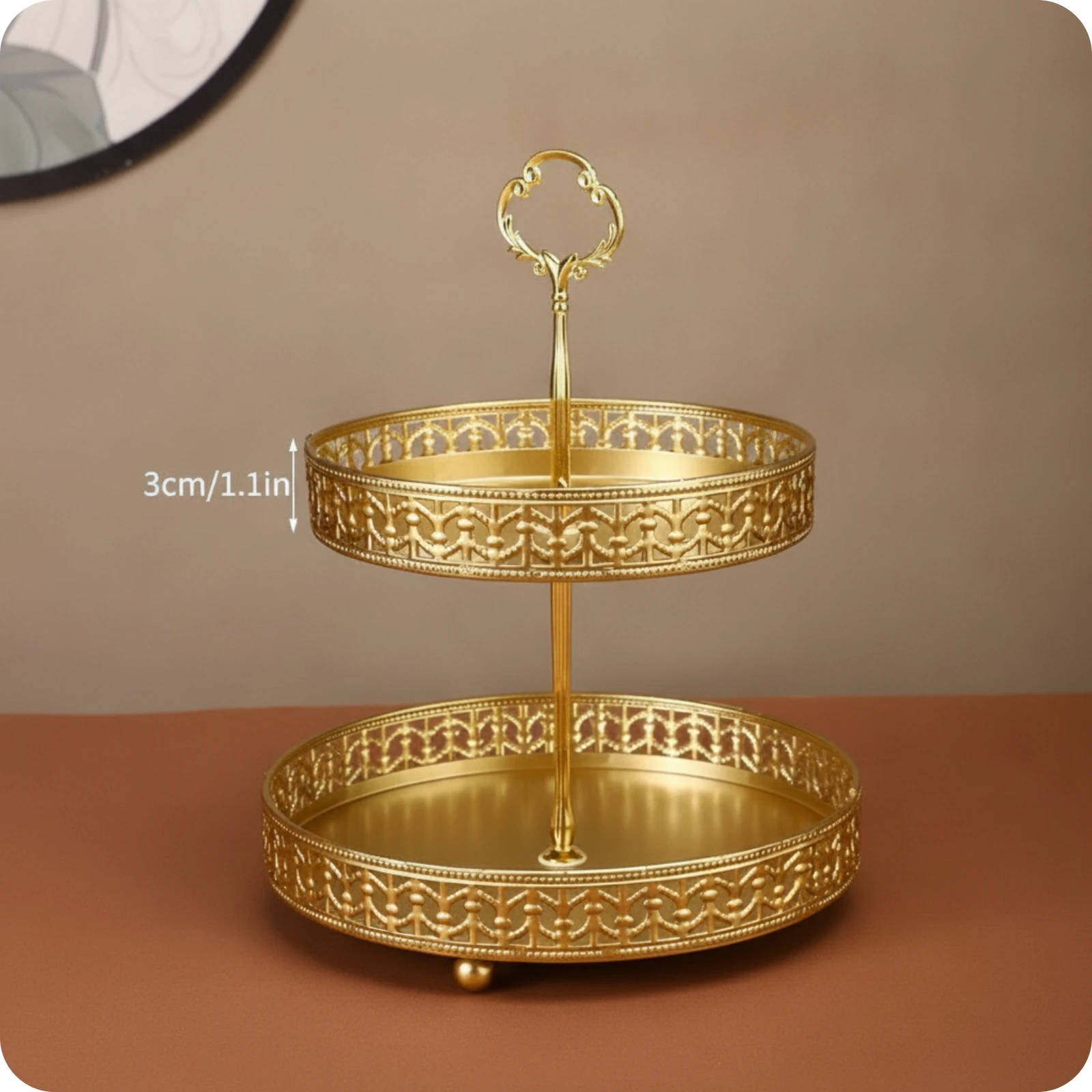 Double Layer Fruit Tray Gold-Colored 2 Tier Fruit Tray Decorative Leaf Pattern Dessert Stand for Countertop, Dining Table