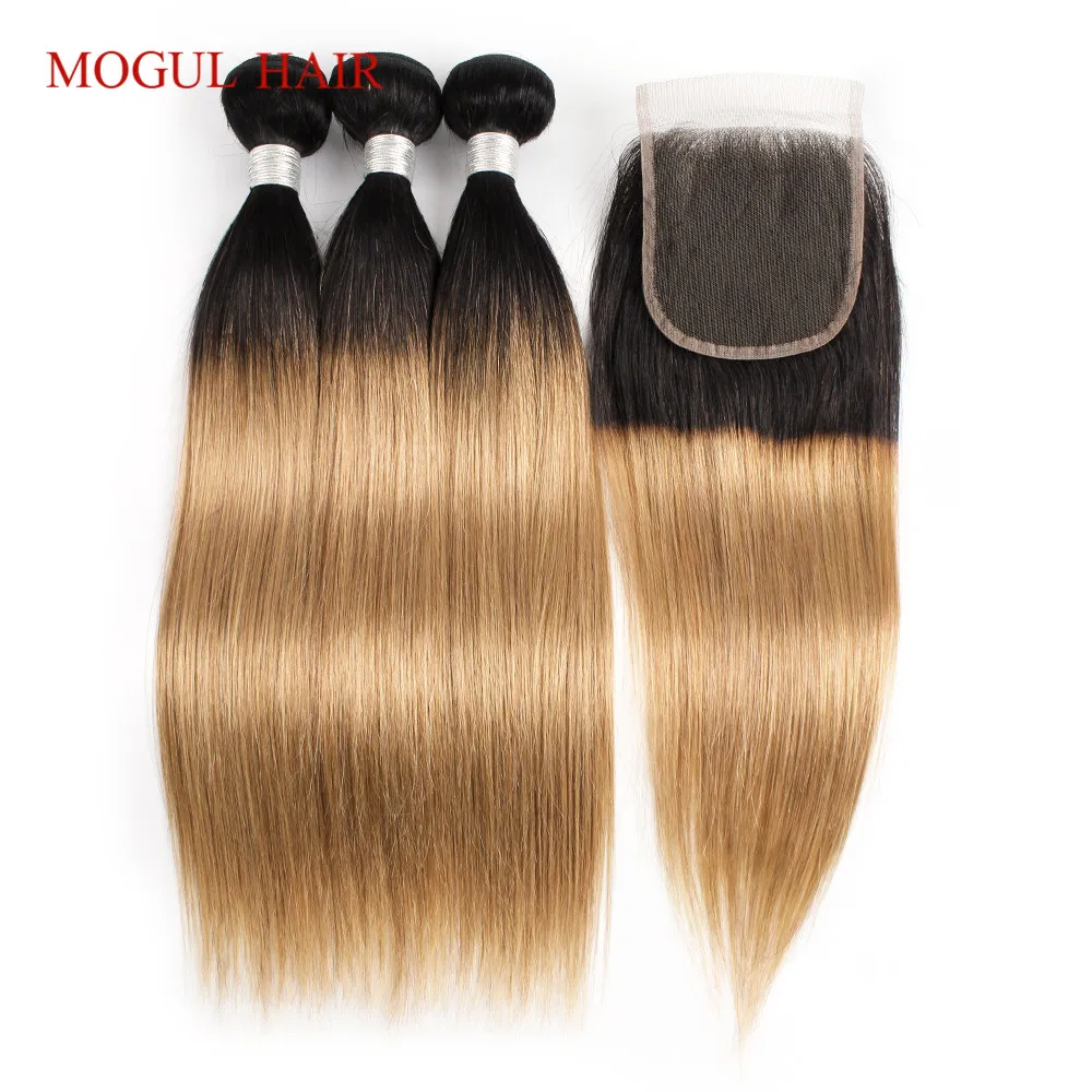 Ombre Honey Blonde Straight Bundles with Closure 4x4 Transparent Lace Pre-plucked Brazilian Remy Human Hair Extensions MOGULHAIR