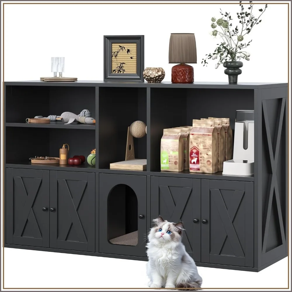 Cat Litter Box Enclosure for 2 Cats, Wooden Washroom with Scratch Pad, Cabinet, Shelves, Black