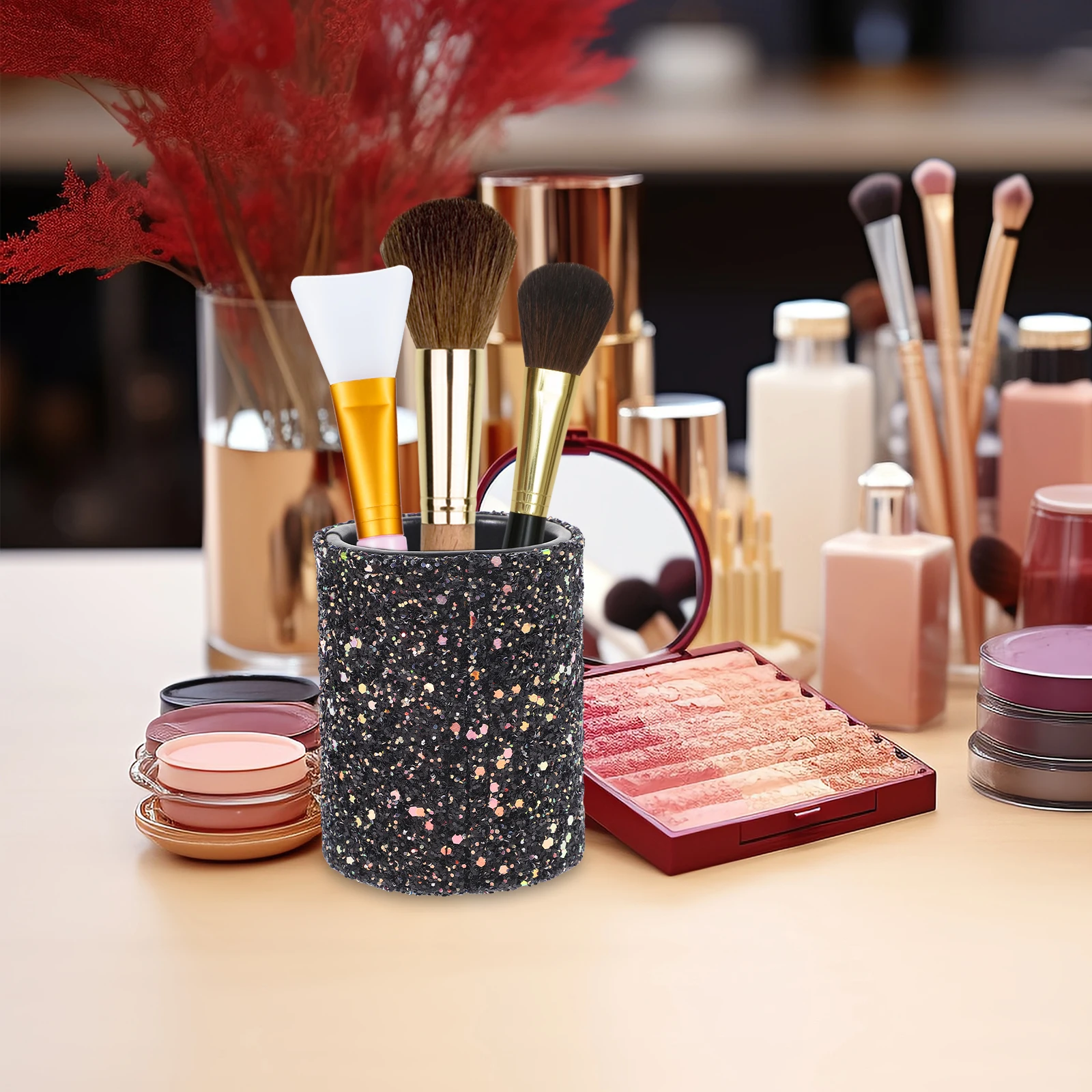 حامل تخزين فرش المكياج المحمول المدمج، حافظة تنظيم فرش المكياج اللامعة الصغيرة لاستخدام أقلام تحديد العيون