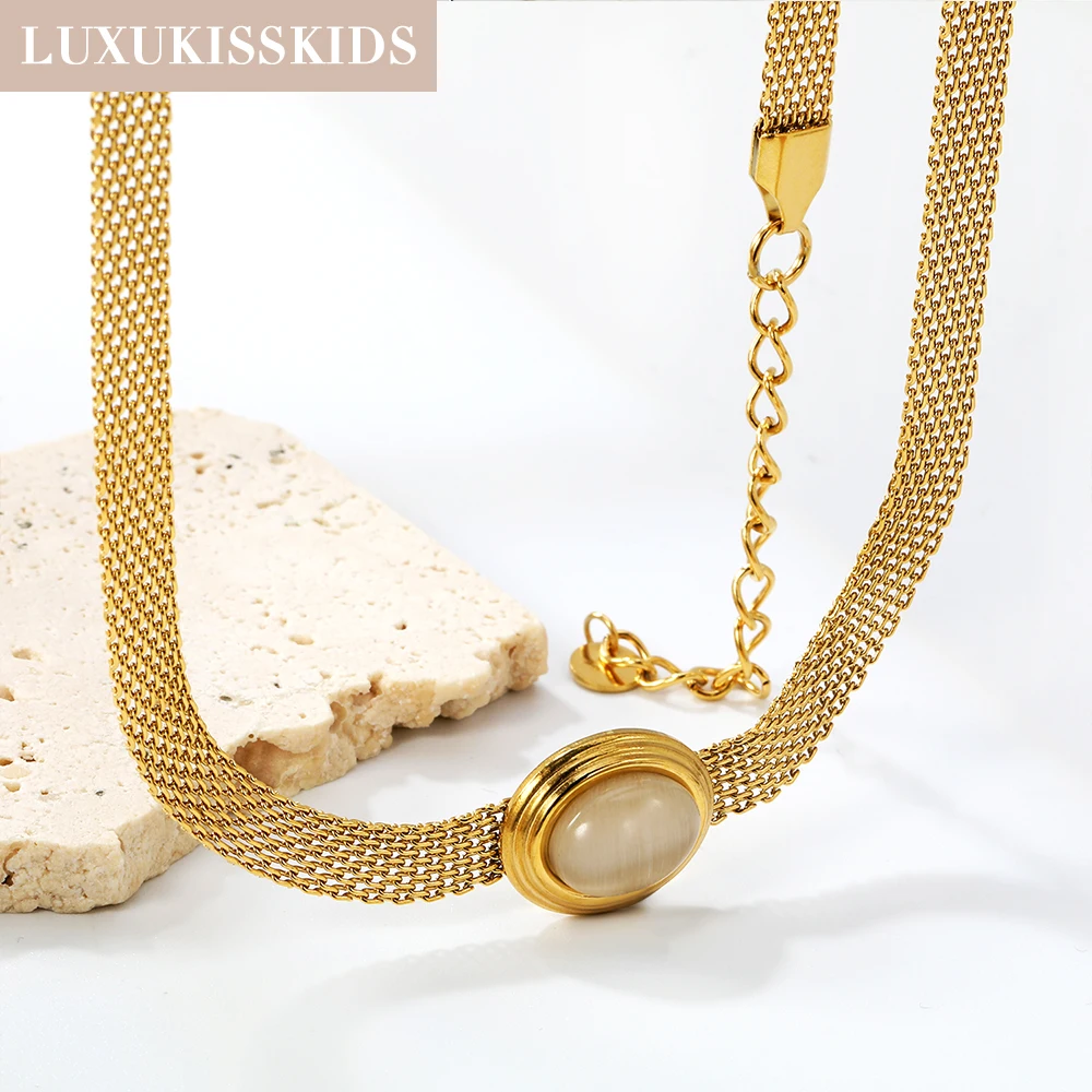 LUXUKISSKIDS Gold Plated Weave Chain Necklace Bracelets Set Fashion Round Stone Jewelry Sets for Woman Wedding Party Accesories