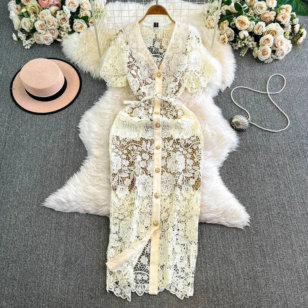 Robe de Soirée en Dentelle Brodée de Fleurs pour Femme, Tenue de Bal de Qualité, Manches Courtes, Tambour, Crayon, Perles, Diamants, Été, Automne