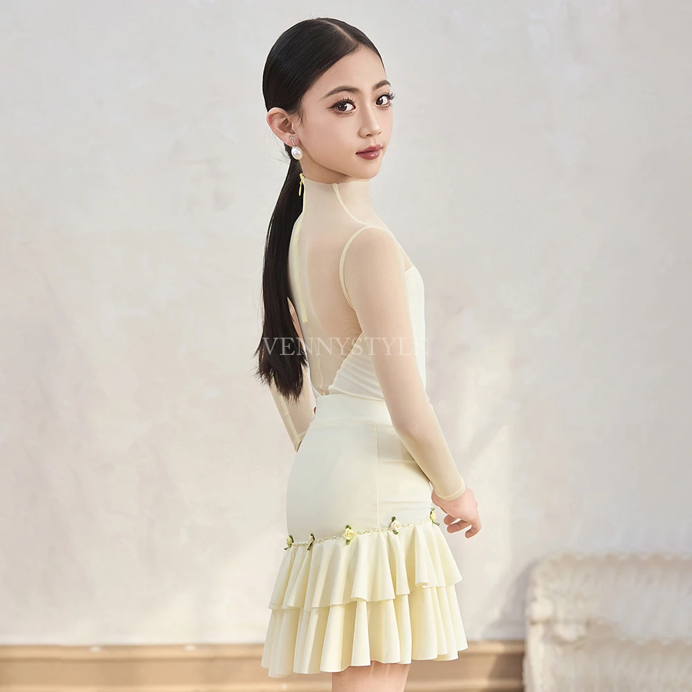 Vennystyle Vestido de baile latino para niñas, falda de práctica ajustada floral de manga larga, traje de baile de salón