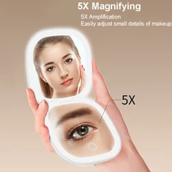 Portable Pocket Makeup Mirror with 3 Color LED Lights 5X Magnifying Travel Light Mirror for Make Up Cute Compact Foldable Body