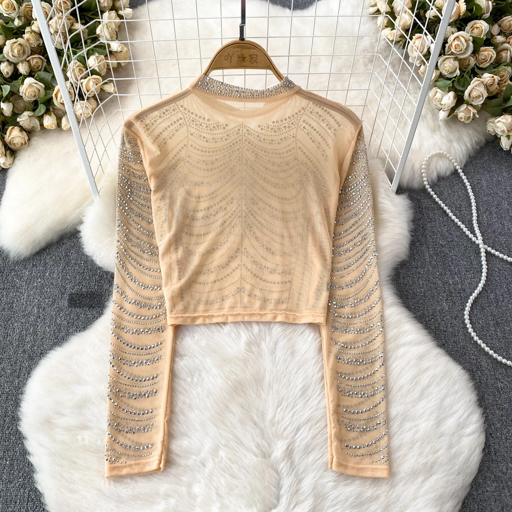 Spring Autumn Fashion Perspective Diamond Mesh T-shirt For Women Long Sleeve Slim Fit Show Thin Girls Street Style Top T-shirt