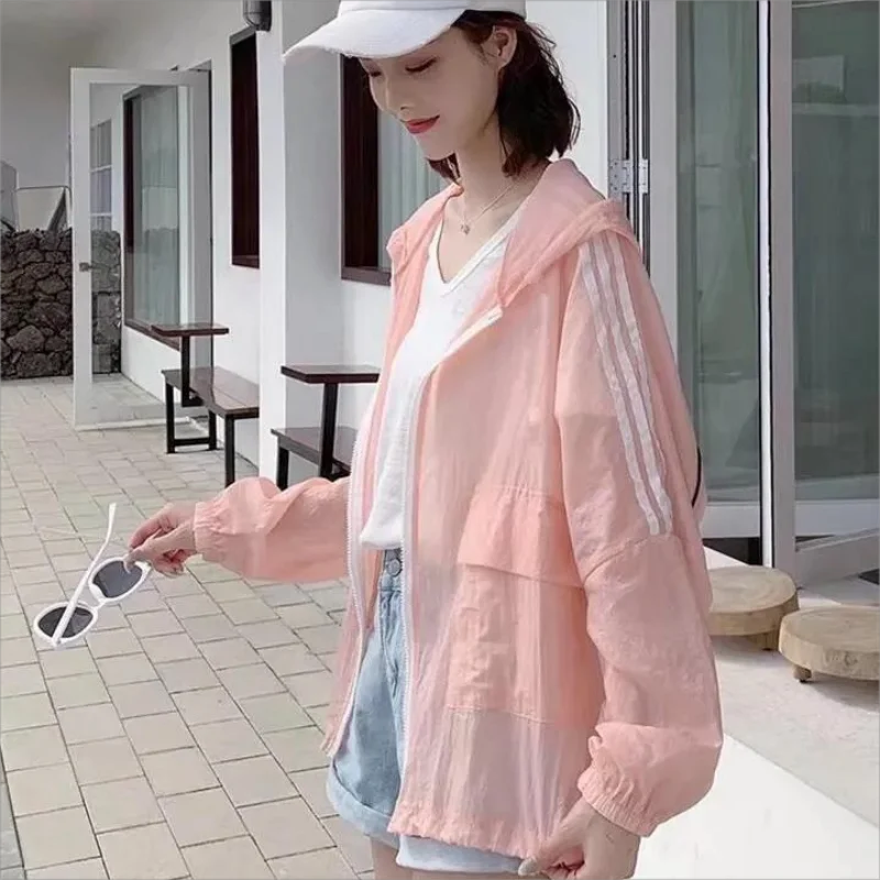 Summer Casual Sun Protection Clothing Women Korean Style Pocket Loose Windbreaker Zip Up Coat Outdoor Light Sunscreen Jacket Top