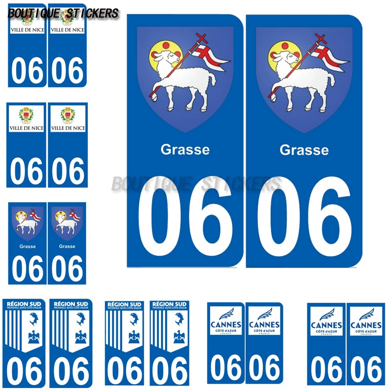 2 Exquisite License Plate Stickers 06 Grasse Nice Cannes Alpes-Maritimes Noir Car and Motorcycle Waterproof PVC Stickers