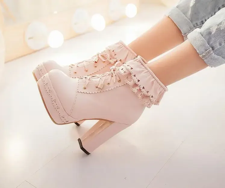 Lolita botas de salto alto sapatos de renda mulheres curtas primavera rosa corte jovens meninas
