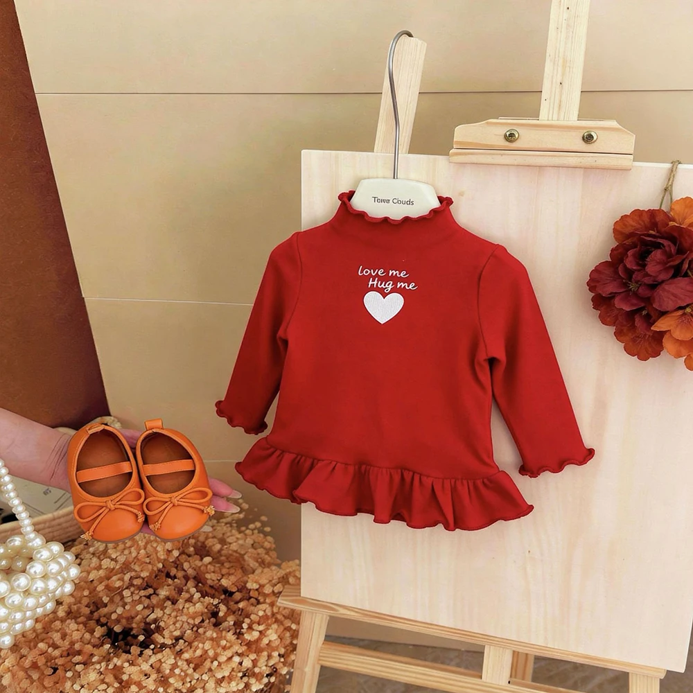 Girls Sweet Heart Print Long Sleeve T-shirt 2026 New Spring Ruffle Hem Mock Neck Polka Dots Pullover Tops Children Base Shirt