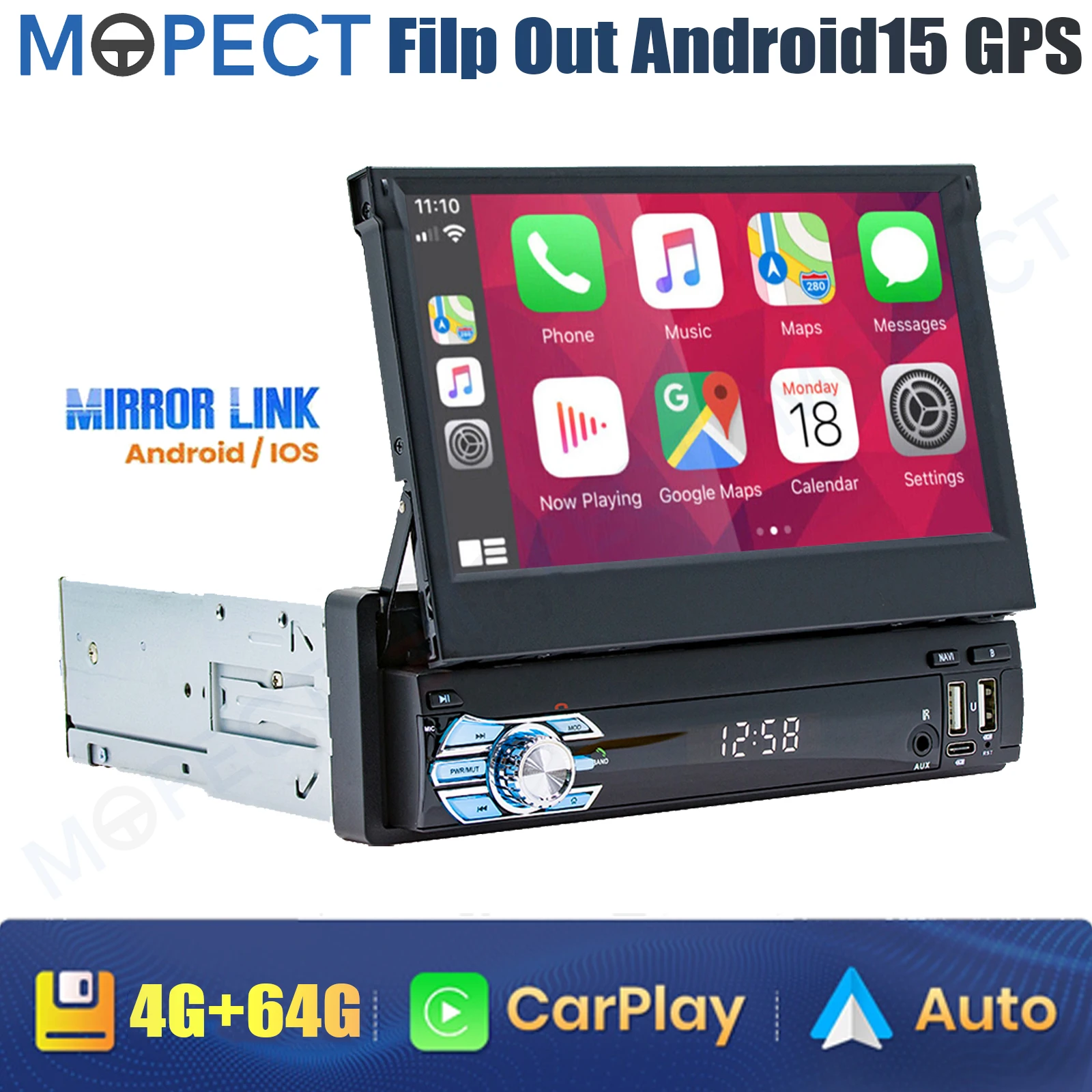 MOPECT 7" Single 1DIN Uitklapbaar Android 15 4+64G Autostereo Radio Touchscreen USB WiFi Carplay GPS Navigatie Head Unit MIC BT+DAB&AHD