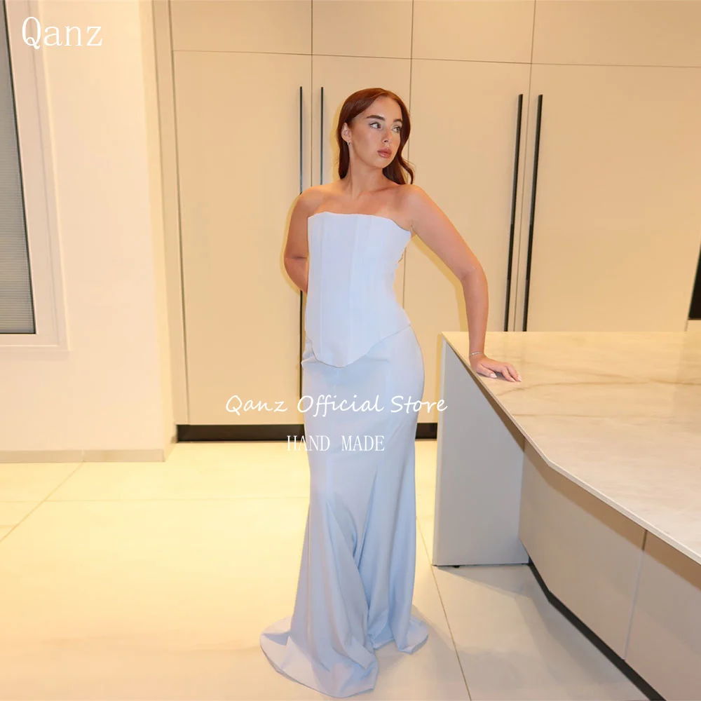 

Qanz Sky Blue Vintage Evening Dresses Strapless Satin Dresses 2025 Woman Corset Back Mermaid Vestidos De Noche Customized