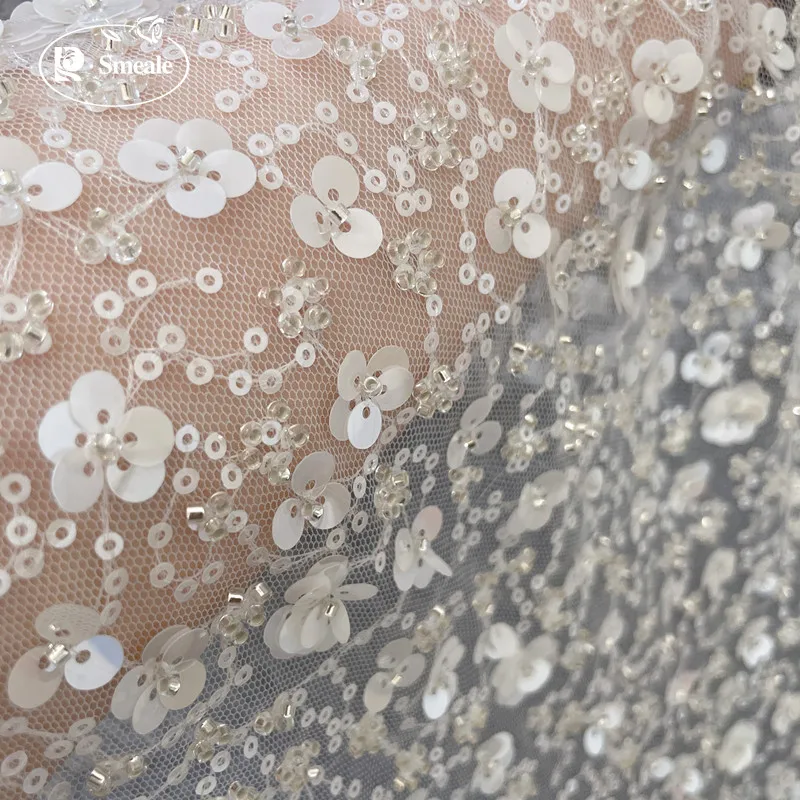 Ivory Beads Sequins Lace Fabric, Luxury Evening Dress, French Bridal Wedding Fabric