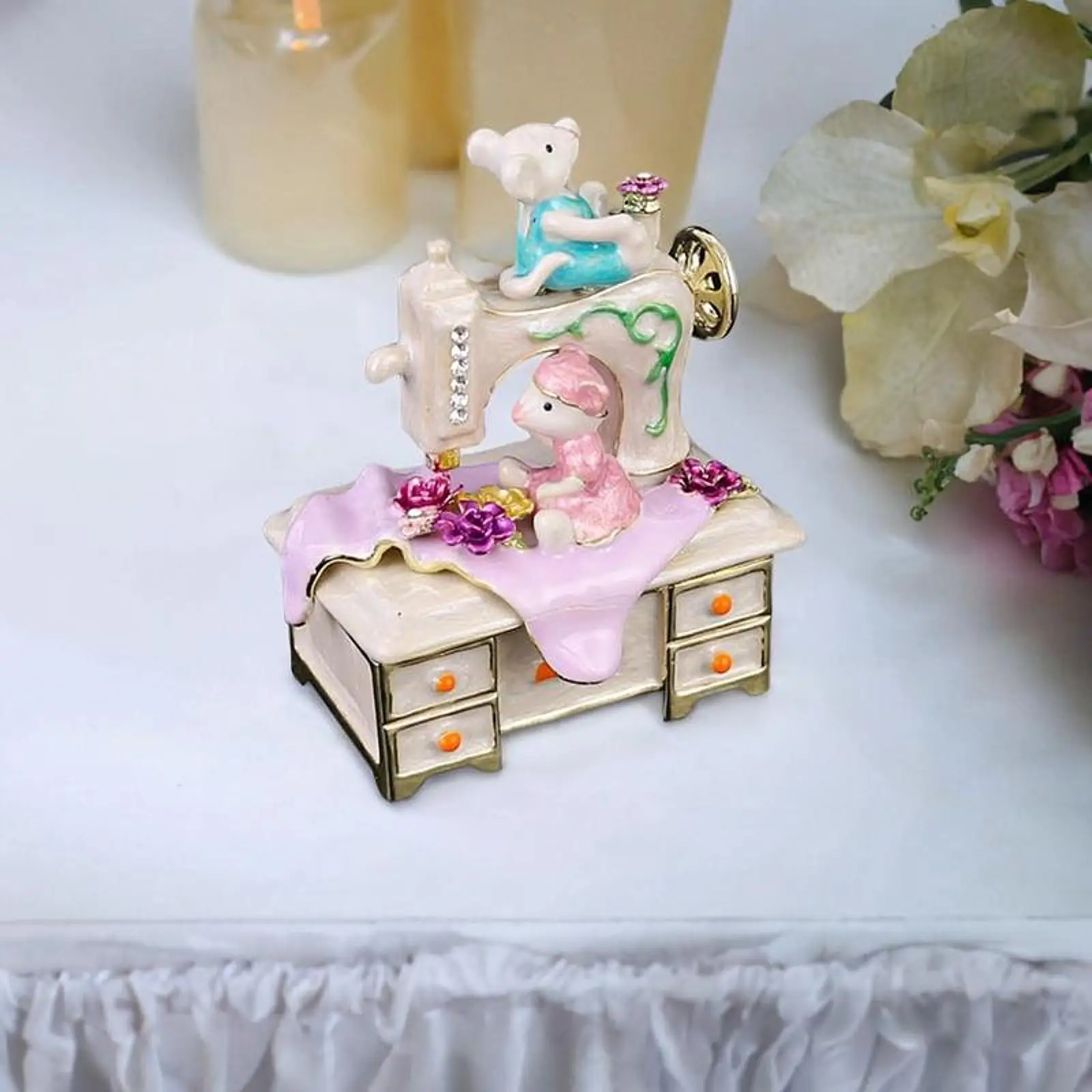 

Enamel Jewelry Box Holder Keepsake Cute Decoration, Small, Art Crafts, Bear Sewing Machine Figurine Desktop Ornament