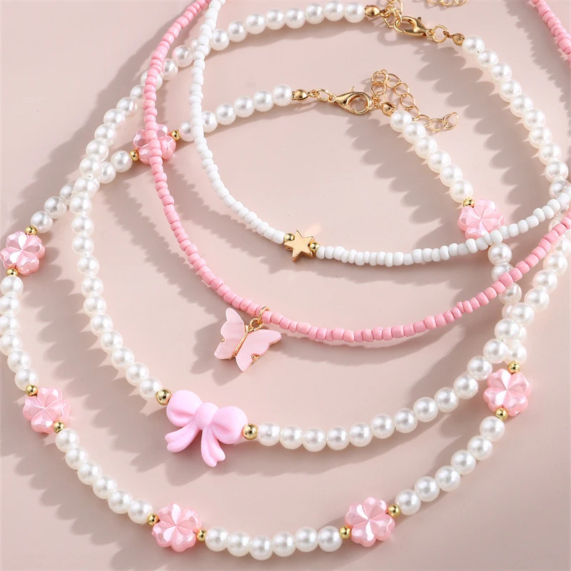 4pcs/set Pink Butterfly & Pearl Beaded Necklace – Delicate Love Pendant & Seed Beads for Everyday Sweet Style.