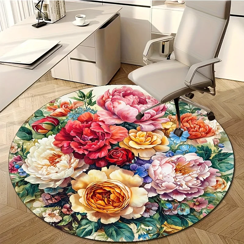 Bright Multi Color Peony Flower Circular Area Rug  Watercolor Blossom Print Anti Slip Round Computer Chair Mat