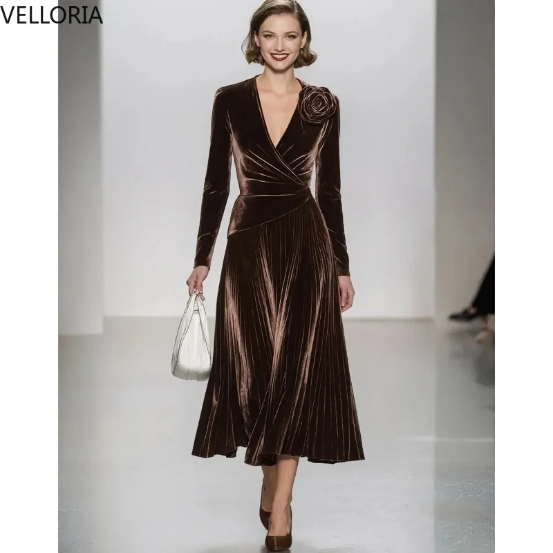 Long Sleeve Velvet Evening Dresses Short V-Neck Pleated Zipper Back Prom Dresses Tea Length Party Dresses for Women Customized