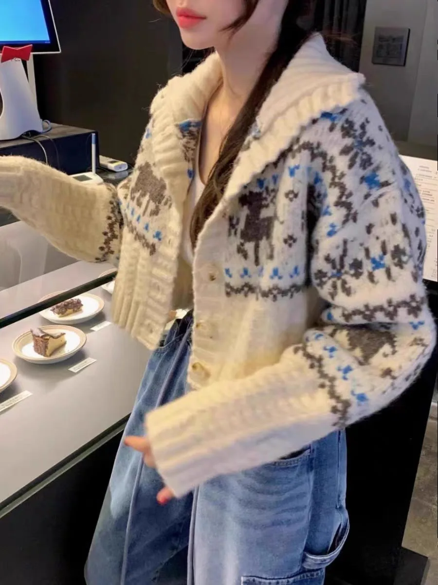 

Retro Christmas Deer Pattern Short Knitted Sweater Soft Versatile Women's Winter Outerwear Casual Commute Style All Season Wear