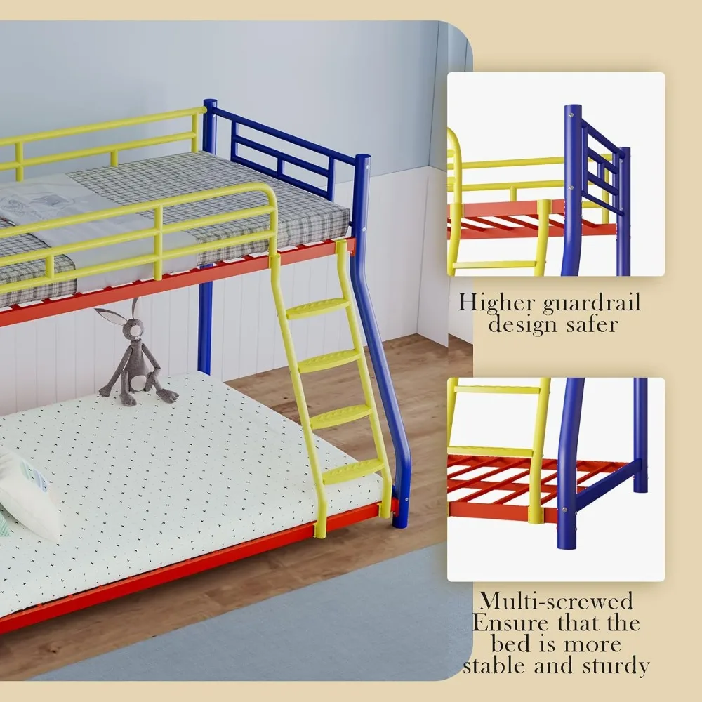 سرير مزدوج بطابقين كامل للبالغين مع حاجز أمان وسلم، إطار سرير ملون كامل الحجم، خيار T للسرير الدائري #3