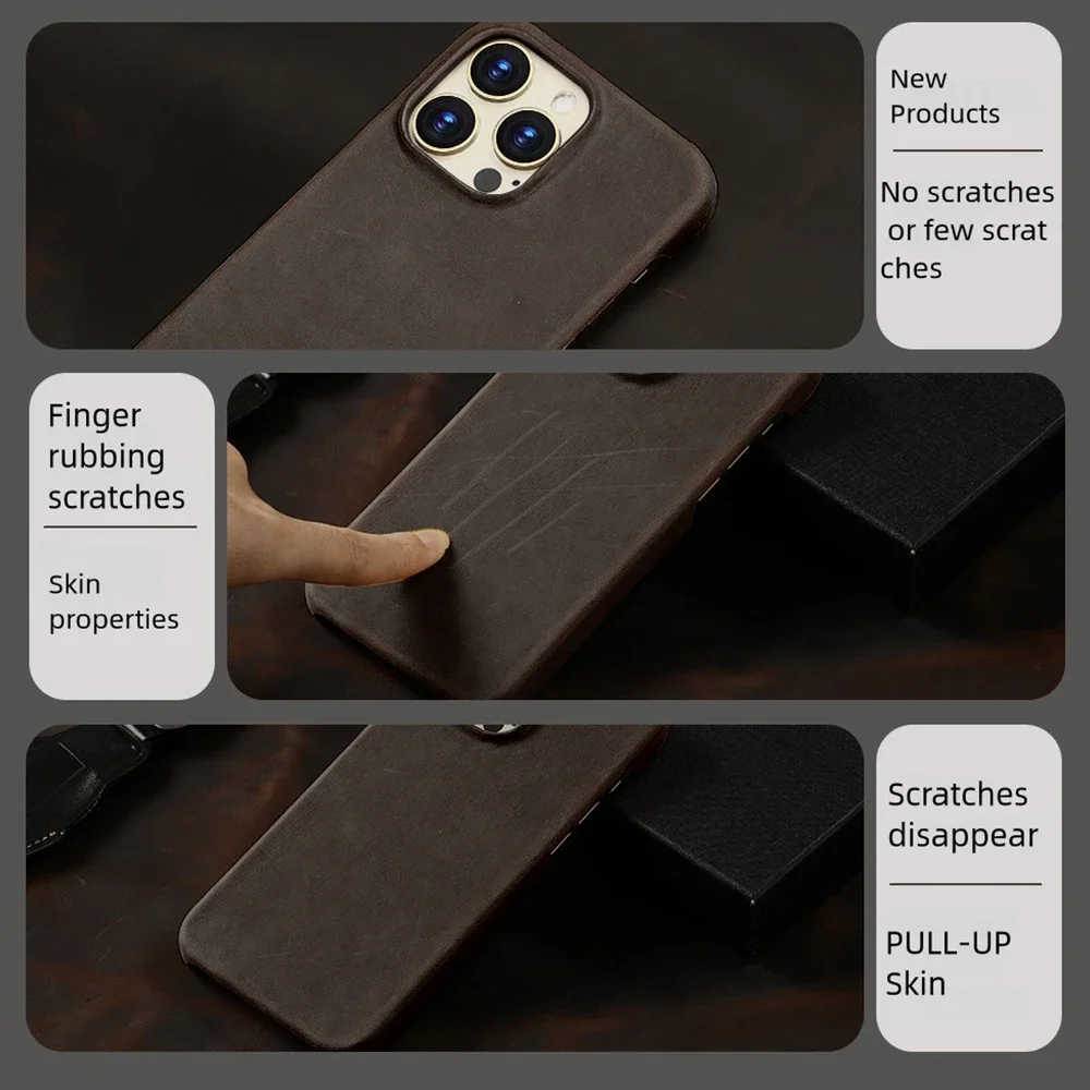 

for Magsafe Case for iPhone 15 16 Pro Max 16Pro Retro Luxury Full Grain Cowhide Genuine Oiled PULL-UP Leather Magnetic Cover