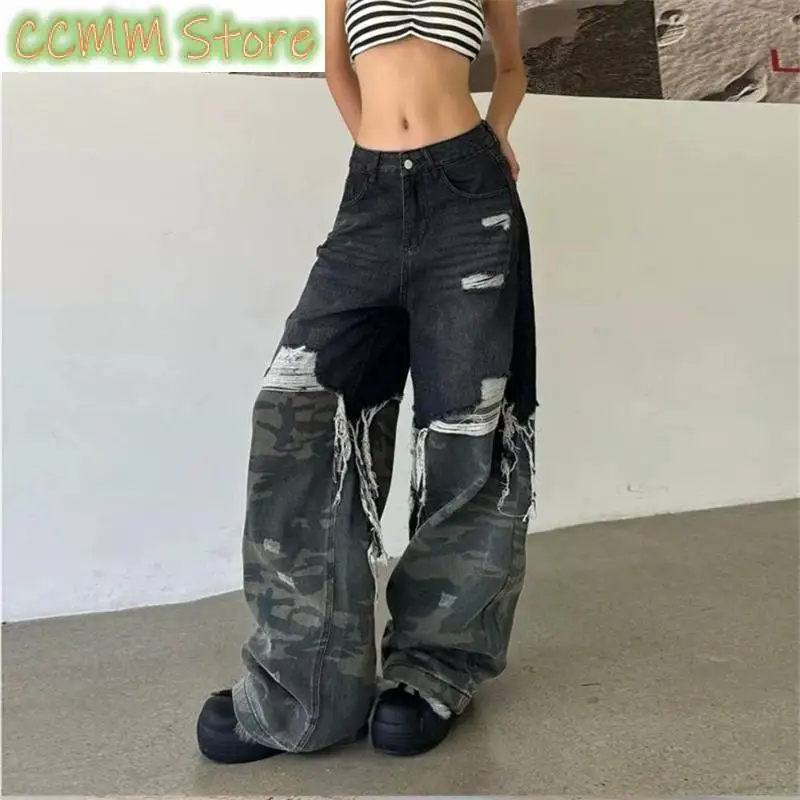 Women's Camouflage Splicing Design Denim Trousers Summer Cool Girl Pant Vintage Bottoms Female High Waist Wide-leg Neutral Jeans