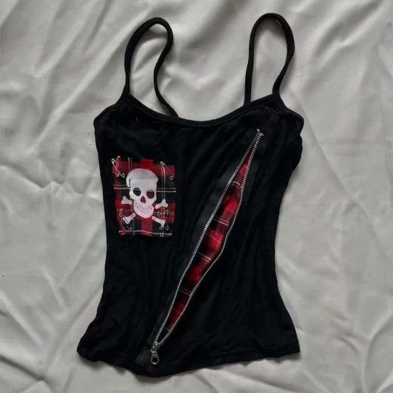 

American Punk Hottie Camisole Subculture Zipper Stitching Design Halter Vest Harajuku Skull Print Tanks Women's Street Slim Tops