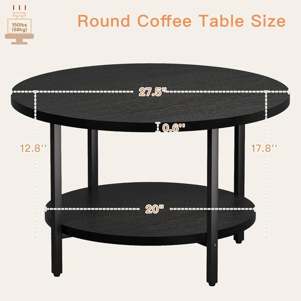 Coffee Table Round,  Circle Coffee Table with Storage Shelf, Wood Coffee Table Circular for Living Room,