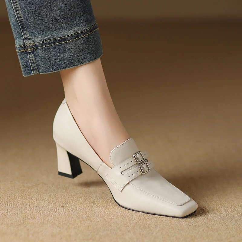 

Женская обувь, туфли из натуральной кожи, модные элегантные удобные повседневные туфли в стиле ретро на высоком каблуке с квадратным носком, женские офисные туфли-лодочки