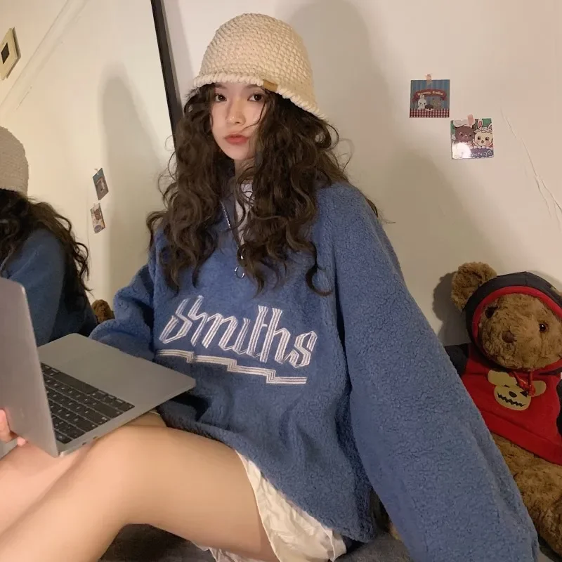 Warm Thicken Zipper Stand Collar Hoodie Women Casual Long Sleeve Pullover Tops Korean Embroidery Letter Plush Sweatshirt Outwear