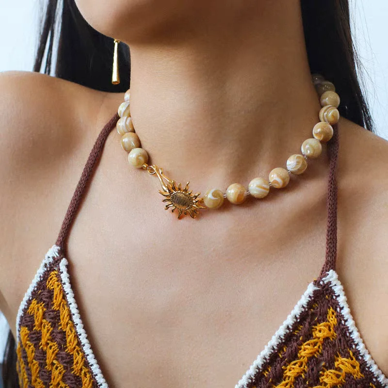 Real stone beaded sunflower necklaces for women summer vintage necklace elegant jewelry new in 2025