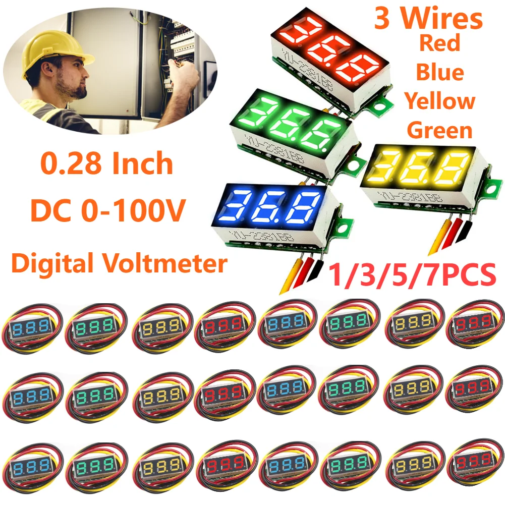 Digitaler Spannungsprüfer mit 3 Drähten, 0–100 V, 0,28 Zoll, Mini-DC-Voltmeter, LED-Bildschirm, rot/blau/gelb/grün, genaue Druckmessung