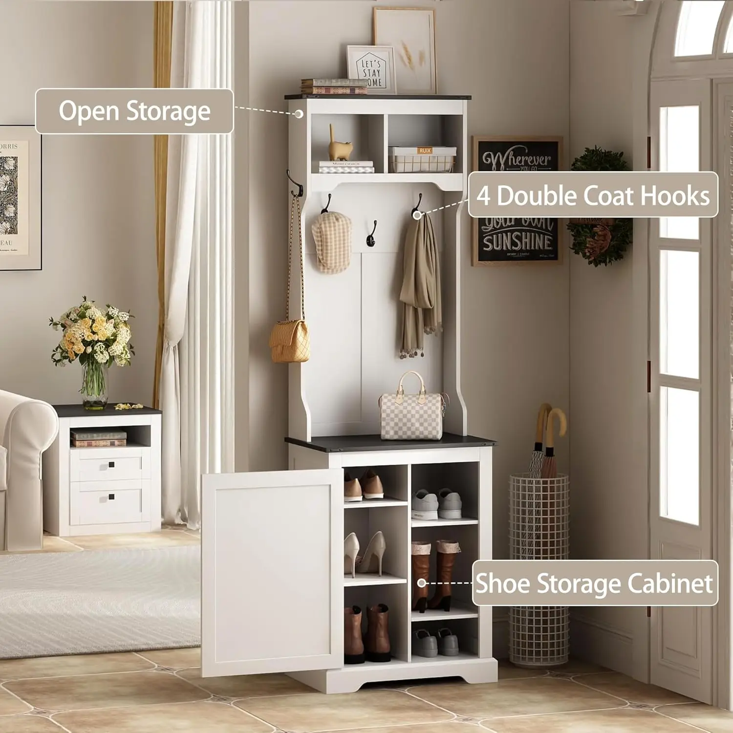 Farmhouse Narrow Coat Rack with Shoe Storage, 6 Shoe Cubbies & 4 Coat Hooks, Hall Tree with Shoe Storage, Entryway Bench