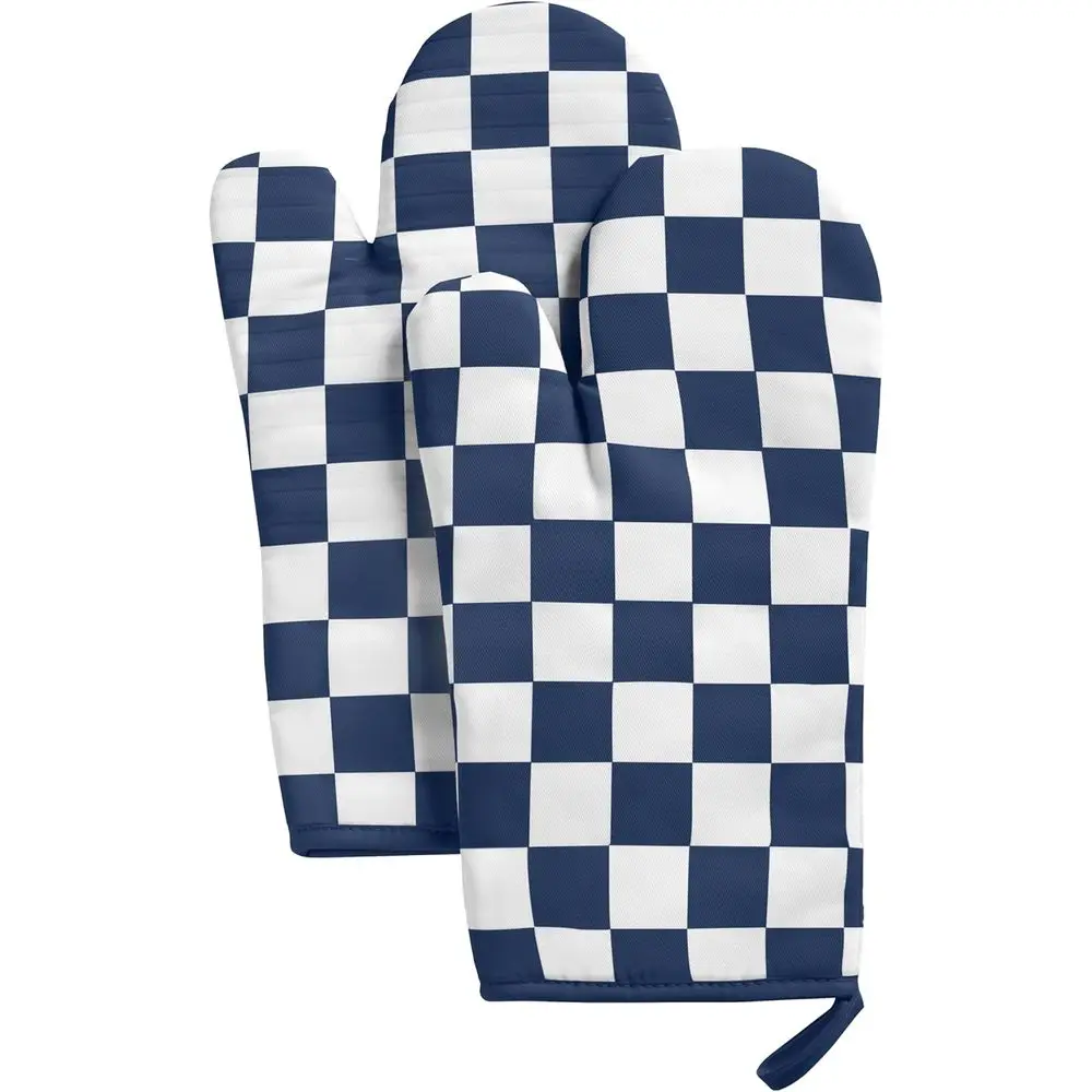 Vintage Navy Blue Checkered Heat-Resistant Oven Mitts, Non-Slip Silicone, 2-Pack, 7x13