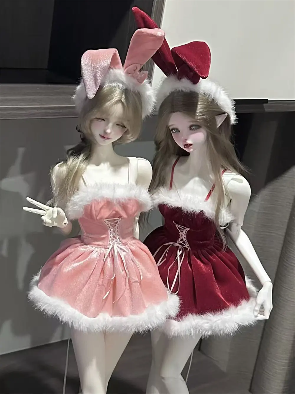 Pink Red Dress BJD Doll Clothes 1/3 Doll Outfit Miss Rabbit Pink Red Twin Set Soft Fluffy Skirt Toys Doll Accessories