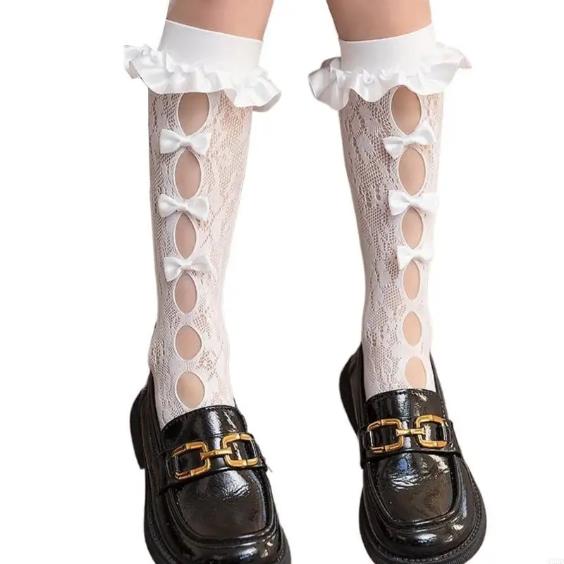 

Q22D Lace Calf Socks for Teen Girls Bowknot High Boot Socks Leg Cover Long Stockings Hollow Out Fashion Loose Socks