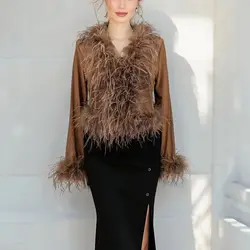 Women See-Through Top with Real Ostrich Feather Brown Black Cropped Jacket Top Bolero