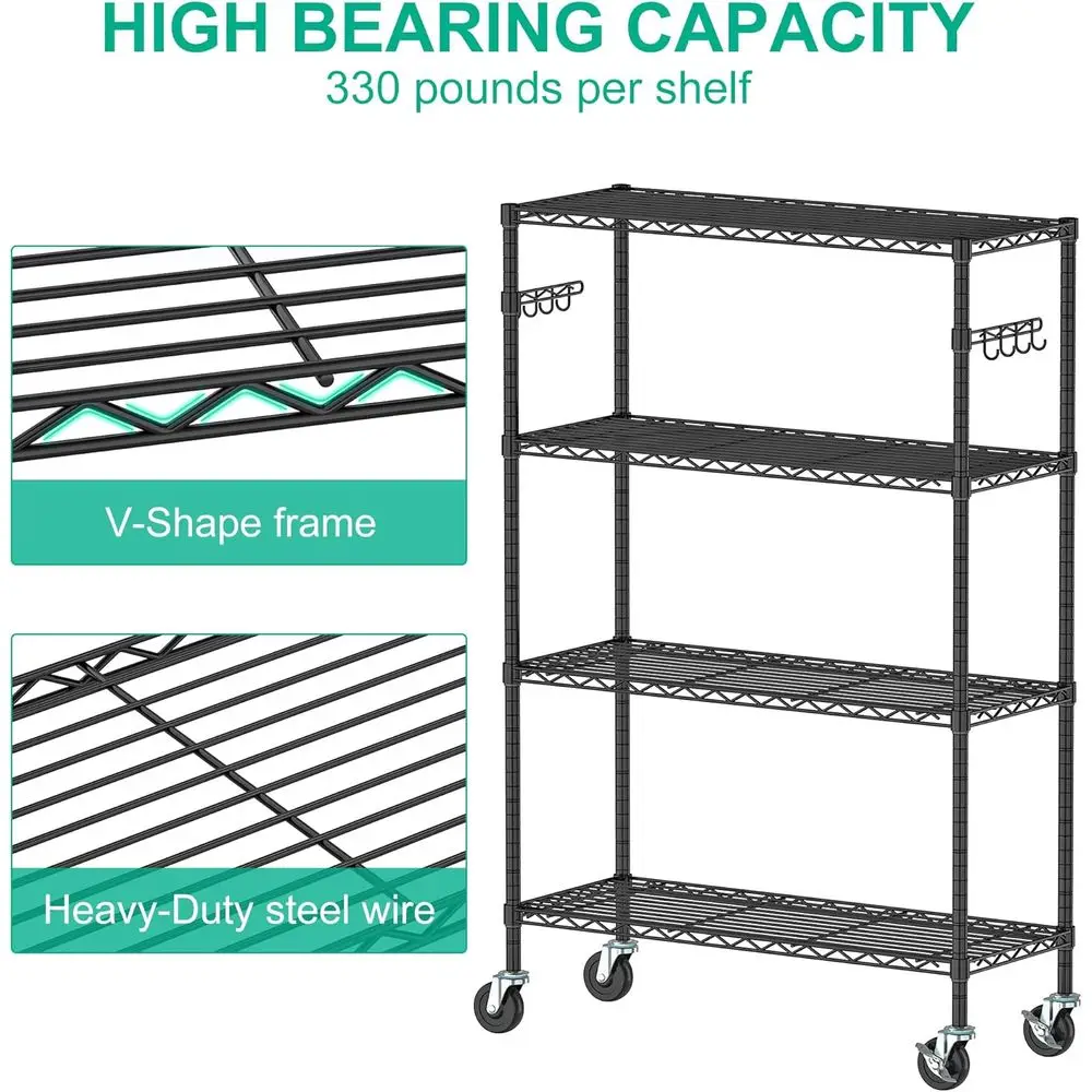 Prateleira de armazenamento de metal ajustável de 4 camadas com rodas, preta, 14D x 36W x 57H para cozinha, garagem, despensa, escritório