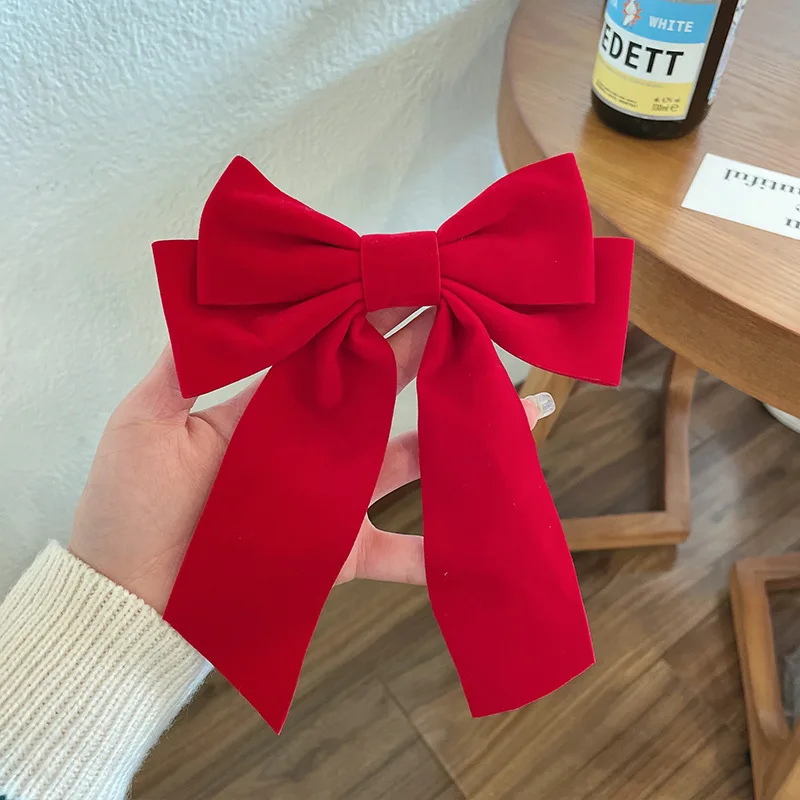 Fashion Red Black Bow Hair Clip for Women Korean Design Long Tassel Ribbon Bow Spring Clip Hairpins Girls New Year Headwear