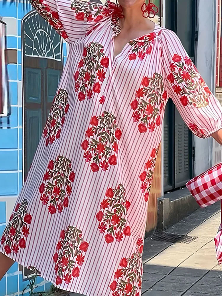 Sukienka damska w stylu retro z kwiatowym wzorem w paski, idealna na wakacje na plaży, wiosenna sukienka z dekoltem w serek, luźna sukienka boho, długa sukienka jesienna z rękawami 3/4, damska sukienka wkładana przez głowę.