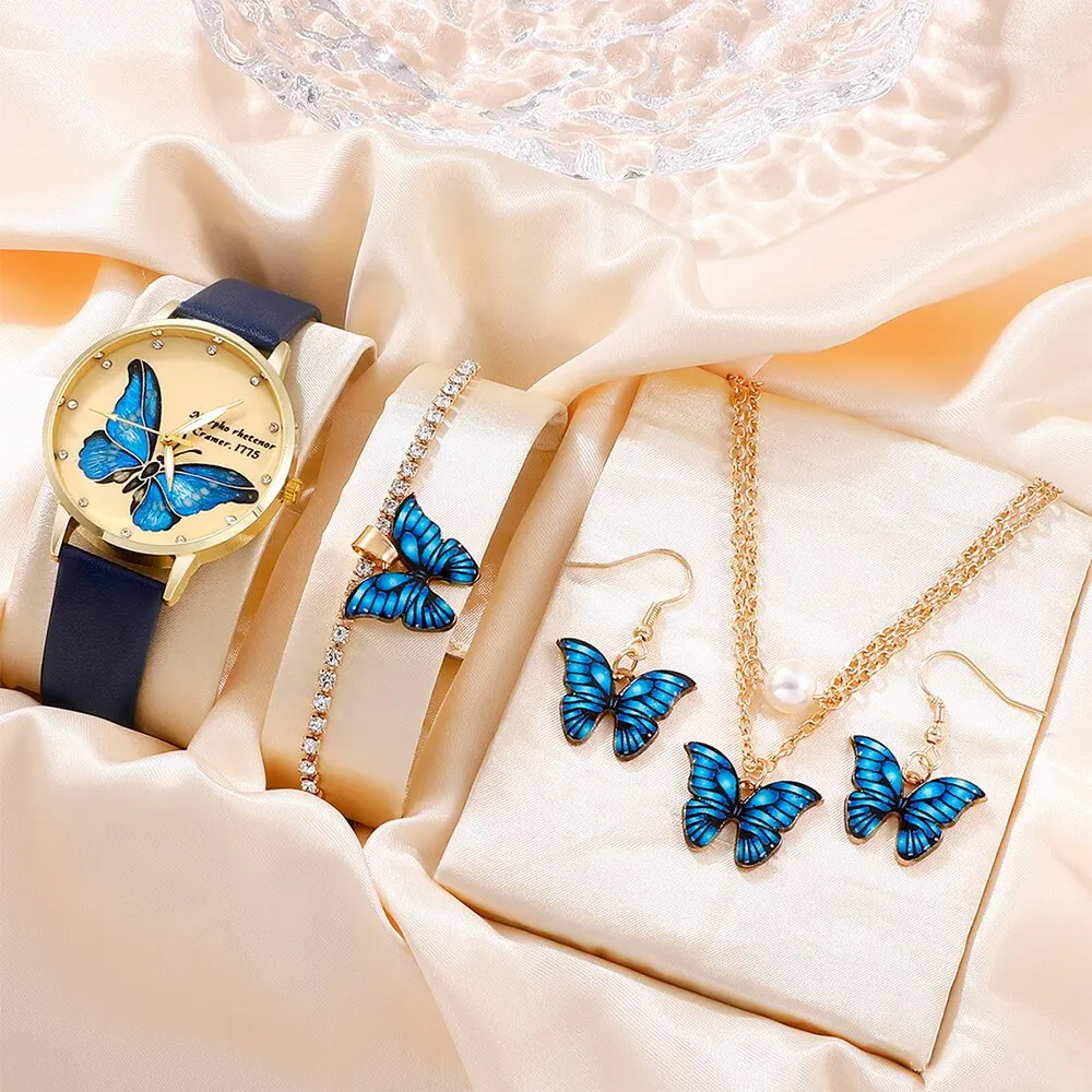 5pcs Set Womens Fashion Quartz Watch Female Clock Butterfly Dial Luxury Brand Design Women Watches Simple Ladies Wrist Watch