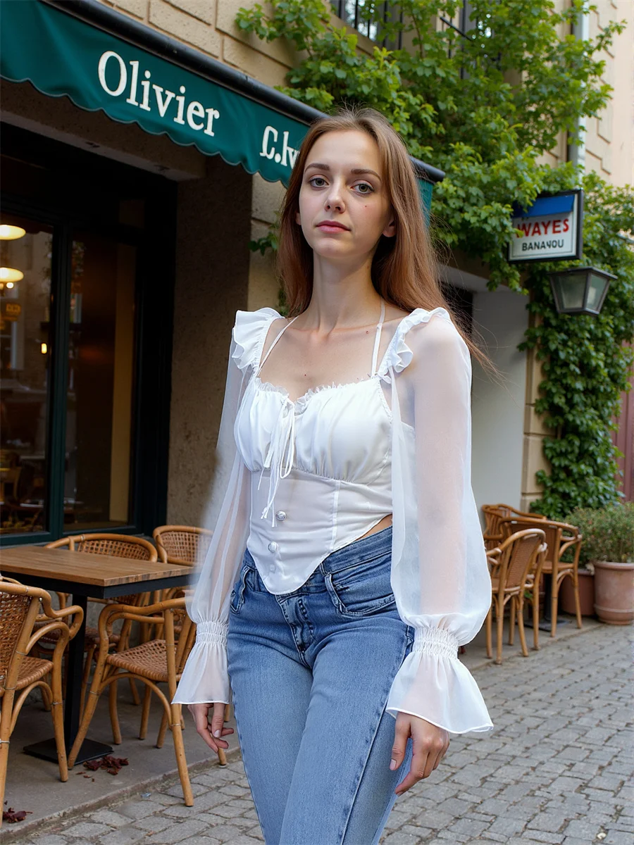 

Женские блузки с расклешенными рукавами и оборками Y2K, сетчатый утягивающий милый полосатый элегантный шикарный летний модный эстетический уличный топ